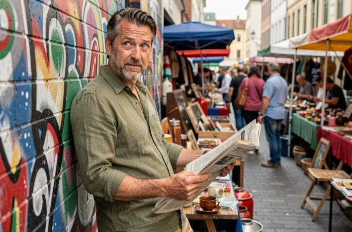 Homme lisant un journal avec étonnement dans un marché aux puces animé en plein air