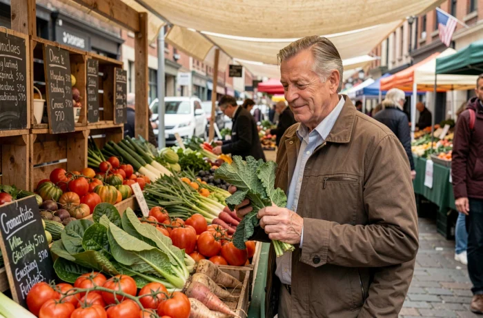 Homme élégant choisissant des légumes frais sur un marché de producteurs pour un régime végétalien