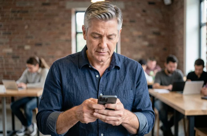 Homme envoyant un message de contact à une équipe de site web depuis son smartphone dans un espace de travail