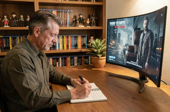 Homme prenant des notes passionné devant une série télévisée dans une salle multimédia organisée