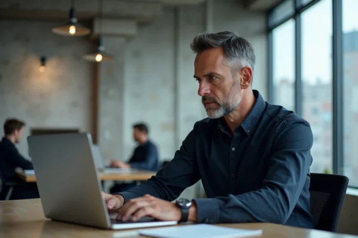 Homme utilisant un outil en ligne pour vérifier la reconnaissance de texte OCR d'un fichier PDF sur son ordinateur portable