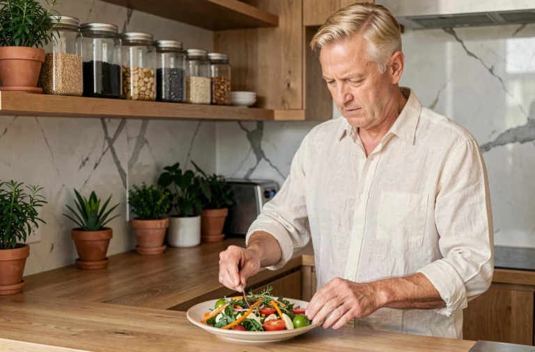 Homme préparant un repas végétalien coloré dans une cuisine moderne avec des ingrédients frais et naturels