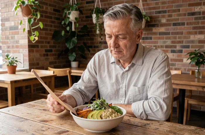 Homme attablé dans un restaurant végétalien moderne devant un buddha bowl coloré et équilibré