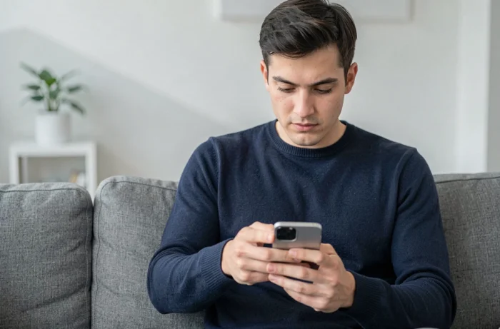 Jeune homme sur son canapé utilisant Snapchat sur son téléphone pour accéder aux options de personnalisation et retirer son avatar Bitmoji