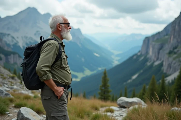 Homme senior en randonnée contemplant un panorama de montagne, voyageur globe-trotteur de plus de 60 ans