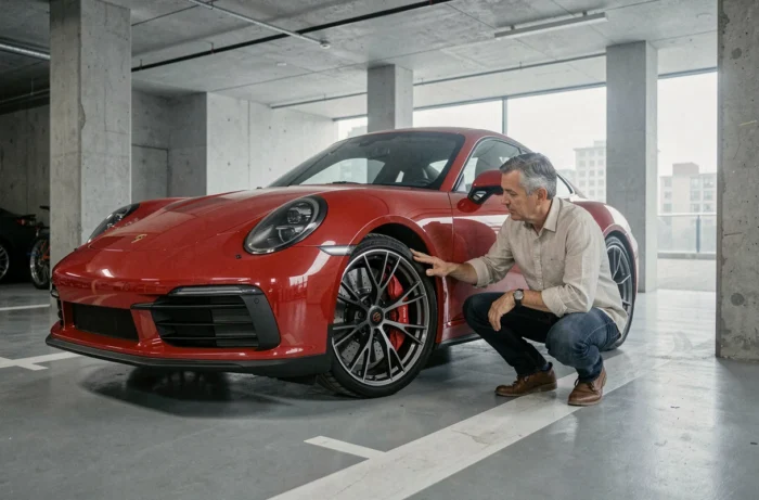 Propriétaire inspectant la carrosserie de sa Porsche 911 rouge dans un garage privé avant de souscrire une assurance