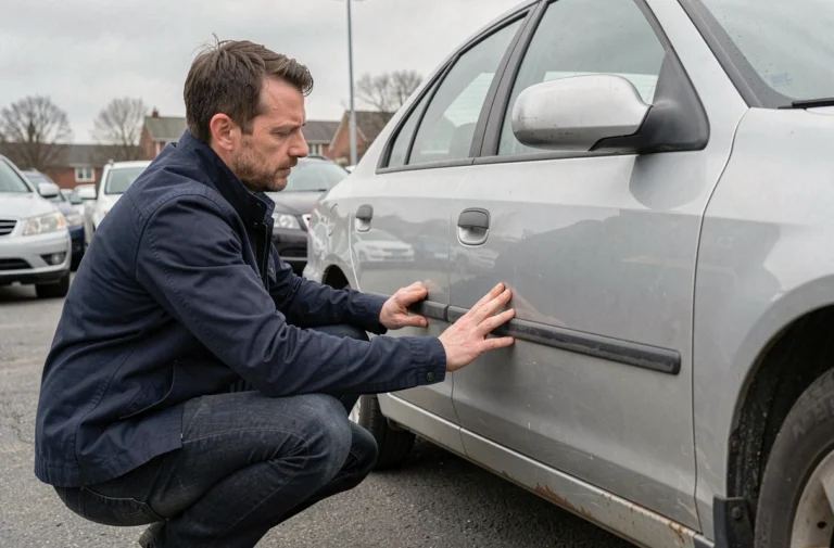 Homme inspectant la carrosserie d'une voiture d'occasion dans un parking de concessionnaire