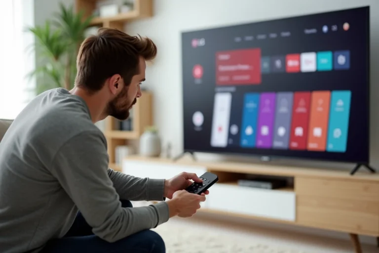Homme installant une application sur une TV LG webOS avec la télécommande Magic Remote dans un salon moderne