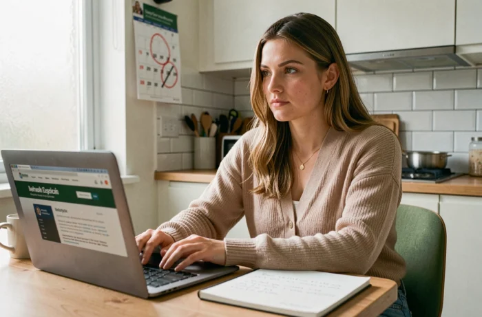 Jeune femme consultant des informations juridiques en ligne sur les délais légaux pour porter plainte