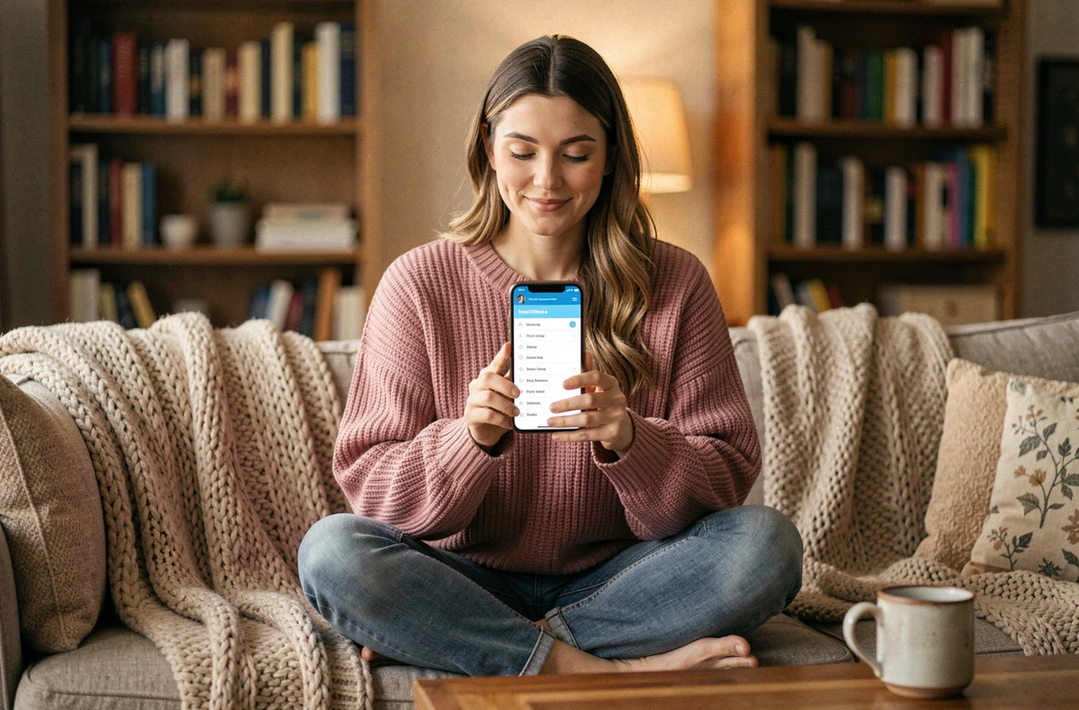 Jeune femme sur un canapé consultant le plan du site Lydie Tendances sur smartphone dans un salon cosy