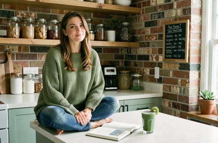 Jeune femme détendue avec un smoothie vert et un carnet de recettes dans une cuisine de style fermette moderne