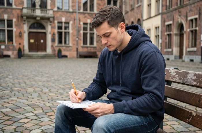 Jeune homme résolvant un magazine de mots fléchés sur une place pavée d'une ville belge avec architecture flamande en arrière-plan
