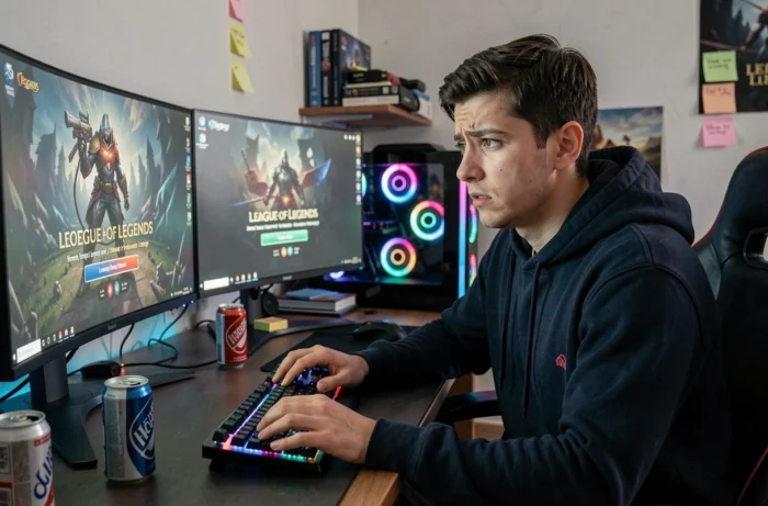 Joueur frustré face à un bug de chargement de League of Legends sur son PC gaming à double écran