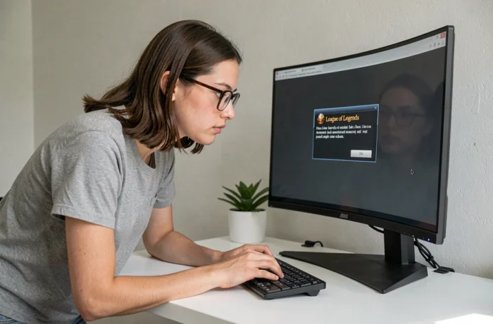Joueuse analysant un message d'erreur de League of Legends sur son ordinateur de bureau minimaliste