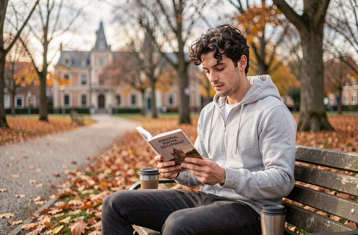 Jeune homme lisant un livre de développement personnel sur un banc dans un parc en automne à Namur, Wallonie