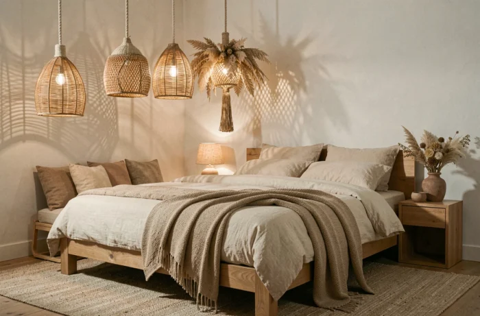 Chambre cosy avec luminaires suspendus en rotin tressé et corde naturelle au-dessus d'un lit en lin neutre