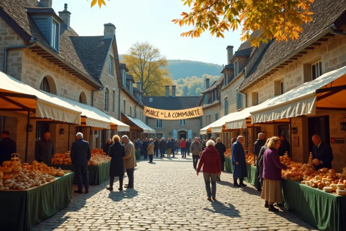 Marché communautaire animé sur la place d'un village de Corrèze avec producteurs locaux et habitants