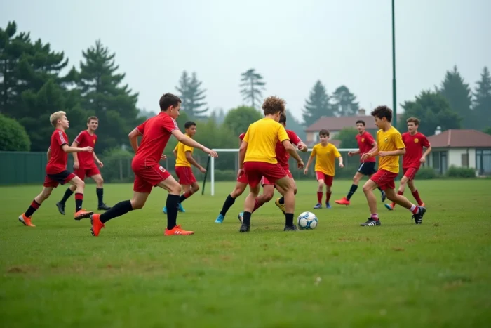 Match de football amateur sur un terrain municipal à Quimper avec des joueurs de tous âges en plein effort