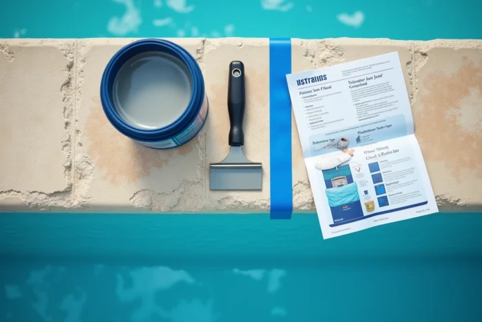 Matériaux et outils pour la pose d'un joint époxy sur une piscine, incluant cartouche, spatule et ruban de masquage