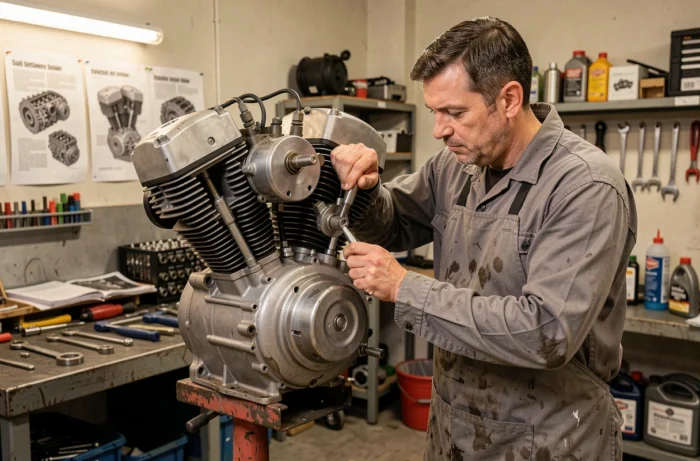 Mécanicien professionnel travaillant sur un moteur Harley-Davidson 103 Twin Cam dans un atelier moto