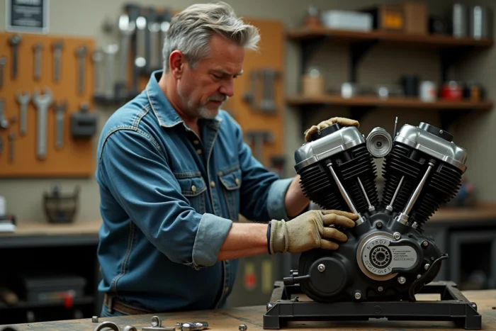 Mécanicien inspectant un moteur Harley-Davidson Milwaukee-Eight dans un atelier de mécanique professionnel