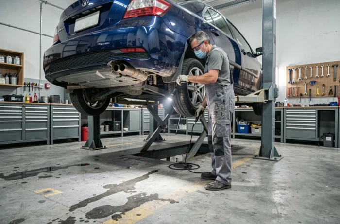 Mécanicien inspectant le dessous d'une voiture soulevée sur un pont dans un garage automobile professionnel
