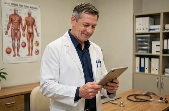 Médecin généraliste de confiance dans son cabinet médical tenant une tablette