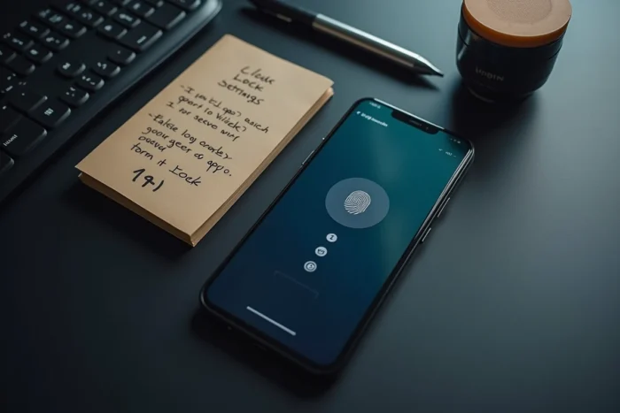 Vue de dessus d'un smartphone Android affichant un menu de verrouillage d'application avec des options de sécurité par empreinte digitale
