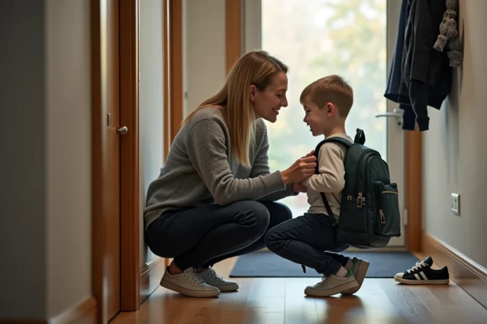 Une mère accompagne son enfant à l'école avant de partir travailler en horaire décalé, scène de vie familiale authentique