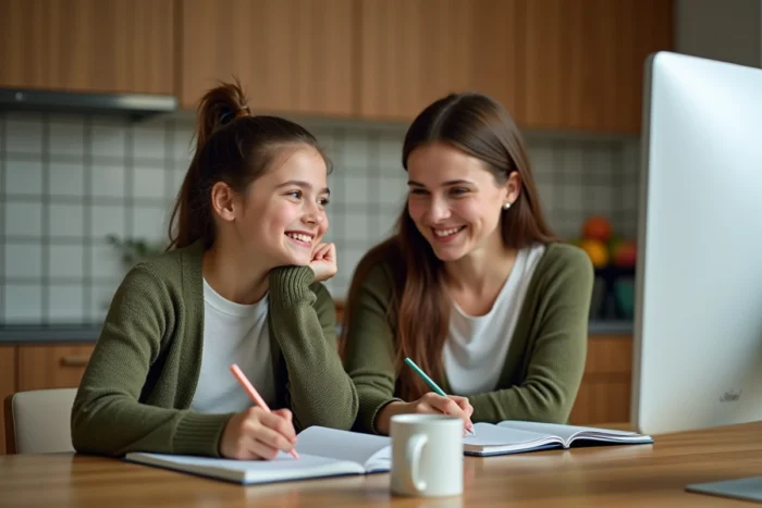 Mère aidant sa fille à suivre un cours de soutien scolaire en ligne depuis la maison sur ordinateur