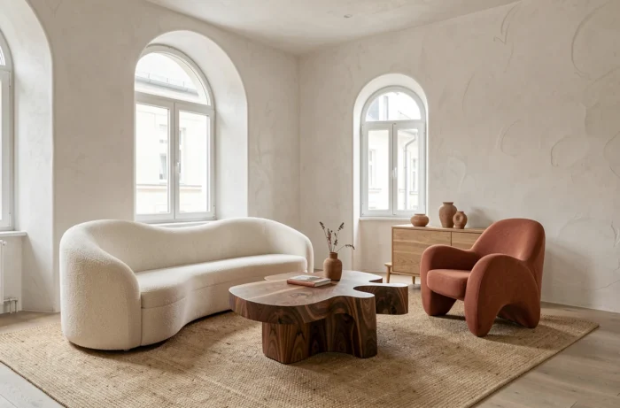 Salon avec mobilier aux formes organiques incluant canapé bouclé courbé, table en noyer et fauteuil terracotta