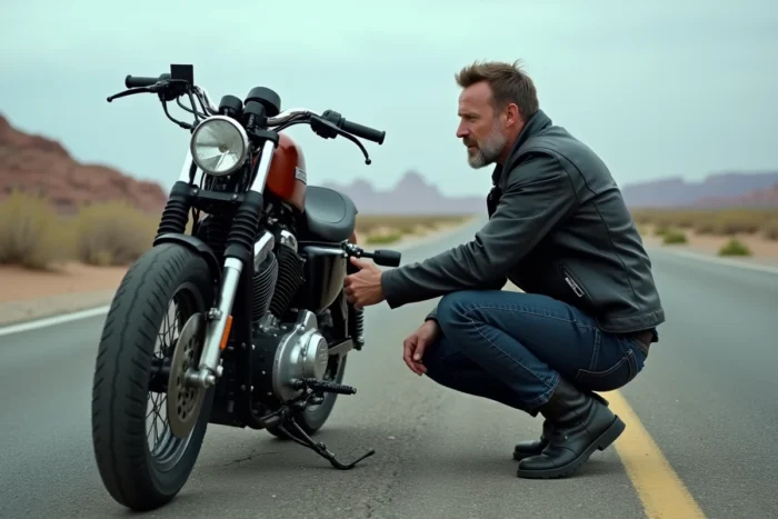 Motard examinant le moteur d'une Harley-Davidson Sportster sur une route désertique américaine