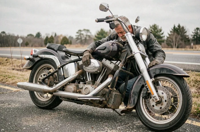 Motard expérimenté inspectant le moteur 103 cubic inch d'une Harley-Davidson au bord d'une route rurale