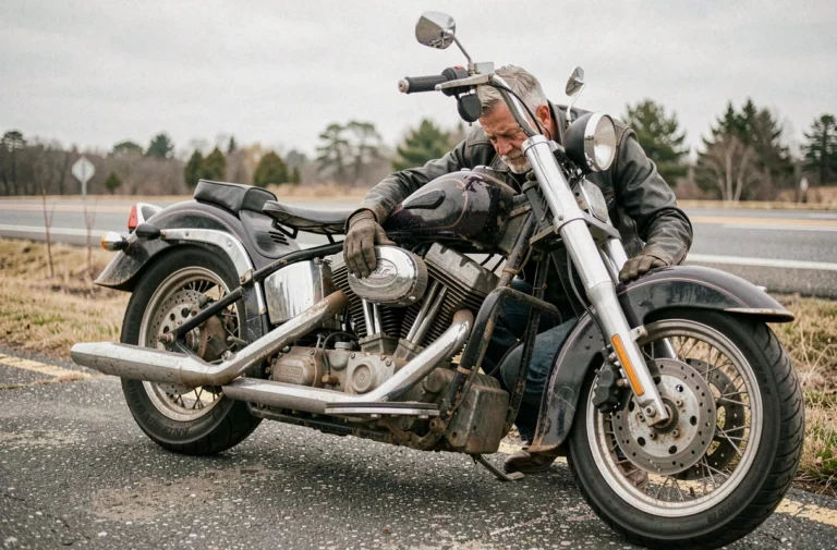 Motard expérimenté inspectant le moteur 103 cubic inch d'une Harley-Davidson au bord d'une route rurale