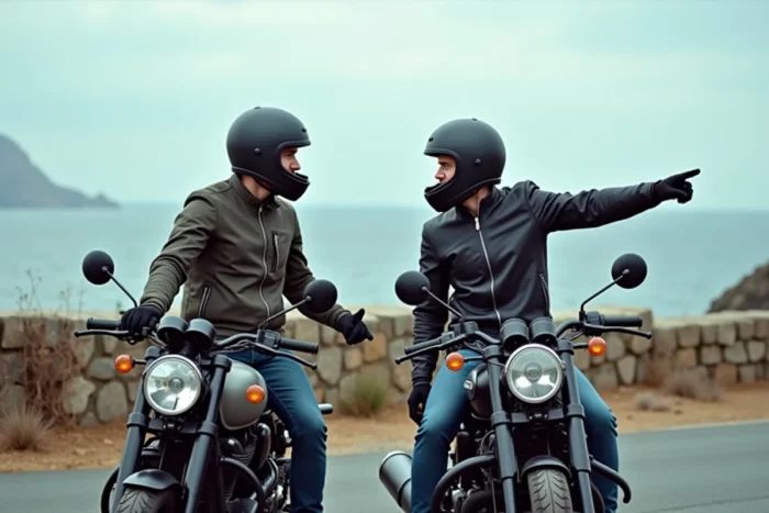 Deux motards en vestes décontractées discutant près de motos classiques devant un panorama côtier sous un ciel nuageux