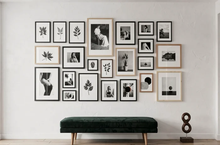 Mur de cadres disposés en grille régulière avec système de fixation invisible sur mur blanc dans un salon moderne