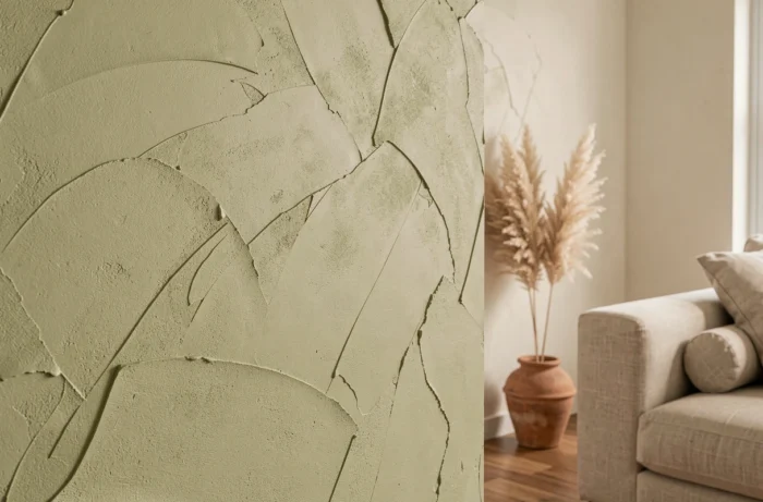 Mur d'enduit à la chaux texturé dans un salon minimaliste avec canapé en lin et parquet bois