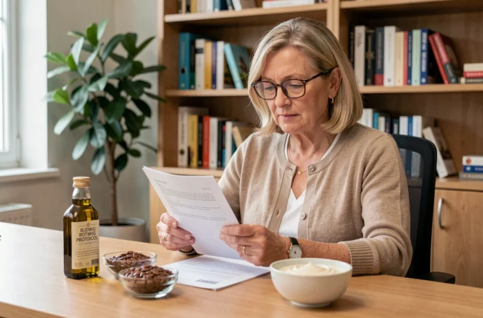 Naturopathe en consultation présentant les bienfaits et précautions de la crème Budwig dans un cabinet professionnel