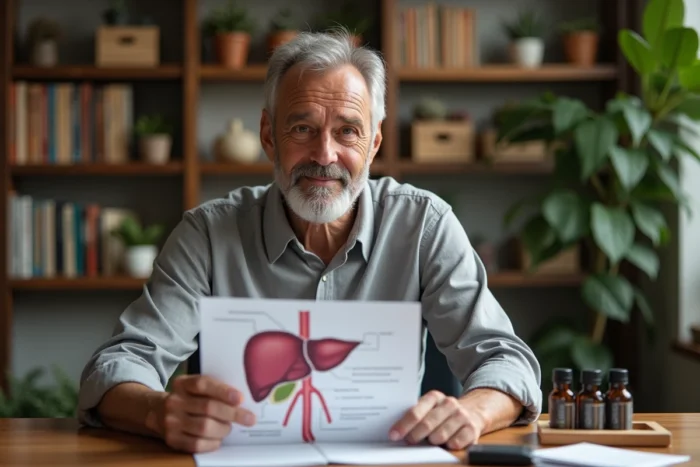 Naturopathe expliquant les effets des huiles essentielles sur le foie lors d'une consultation en cabinet de santé naturelle