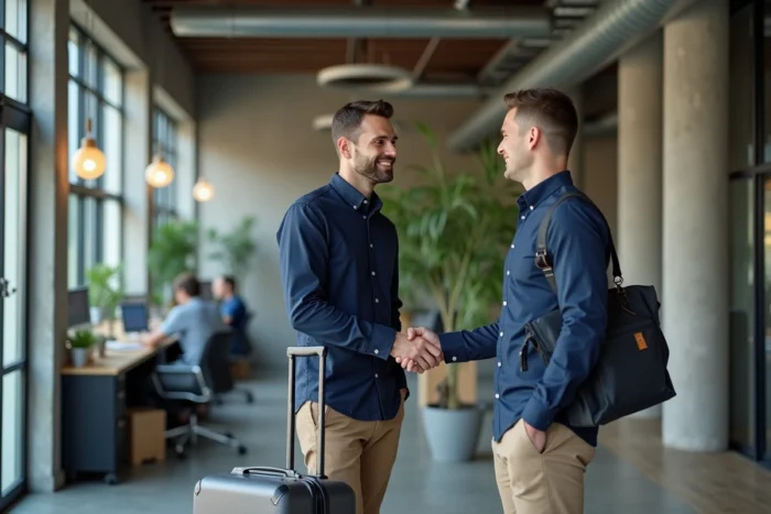 Homme d'affaires serrant la main d'un contact professionnel dans un espace de coworking avant de s'expatrier pour travailler