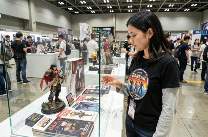 Femme examinant des figurines et éditions limitées Bankai dans un salon de culture pop japonaise en 2024