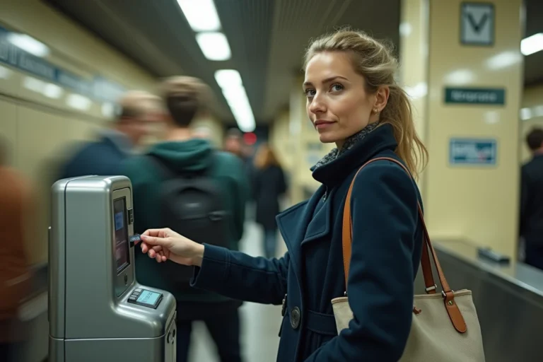 Femme utilisant son pass Navigo zones 1 à 5 pour valider son entrée dans le métro parisien