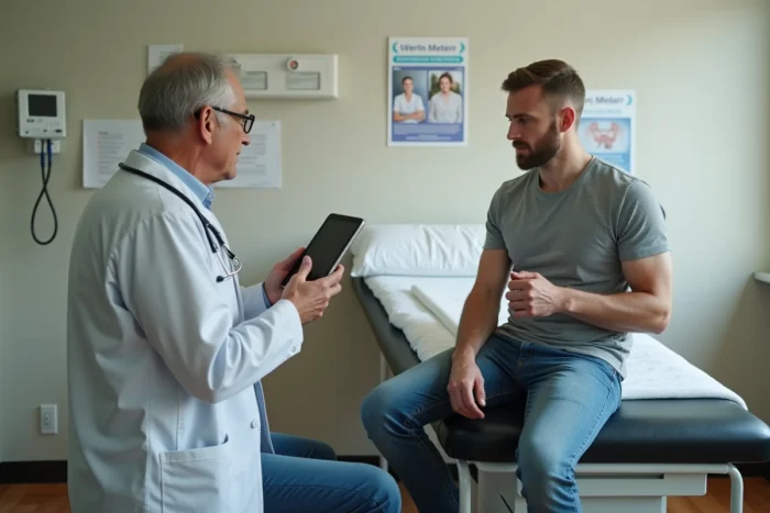 Patient écoutant les explications d'un médecin lors d'une consultation médicale dans un cabinet