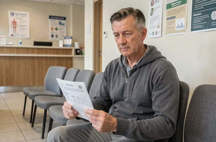 Patient assis dans une salle d'attente d'un centre de radiologie tenant une ordonnance pour une IRM pelvienne