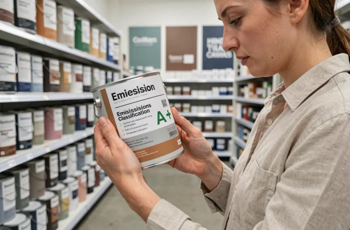 Personne lisant l'étiquette émissions A+ sur une boîte de peinture dans un magasin de décoration