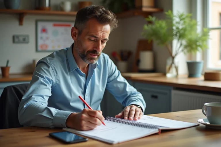Un père de famille organise son planning en horaires 2x8 autour d'un agenda familial dans une cuisine chaleureuse