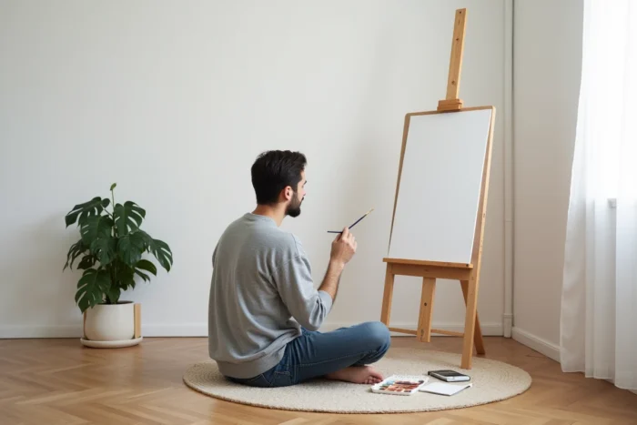 Homme peignant une affiche vide personnalisée à l'aquarelle sur le sol d'un appartement minimaliste