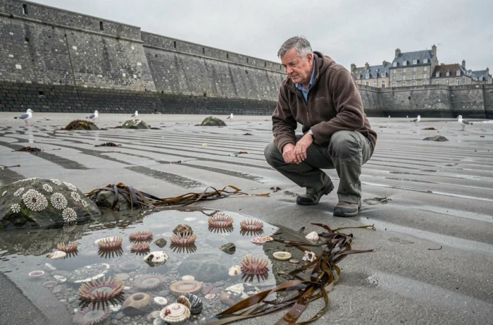 Homme explorant un bassin de marée sur la plage de Saint-Malo à marée basse avec les remparts en arrière-plan