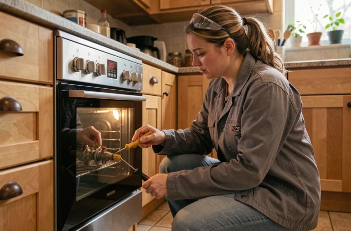 Plombière remplaçant un gicleur gaz sur un four domestique dans une cuisine résidentielle avec outils à la main
