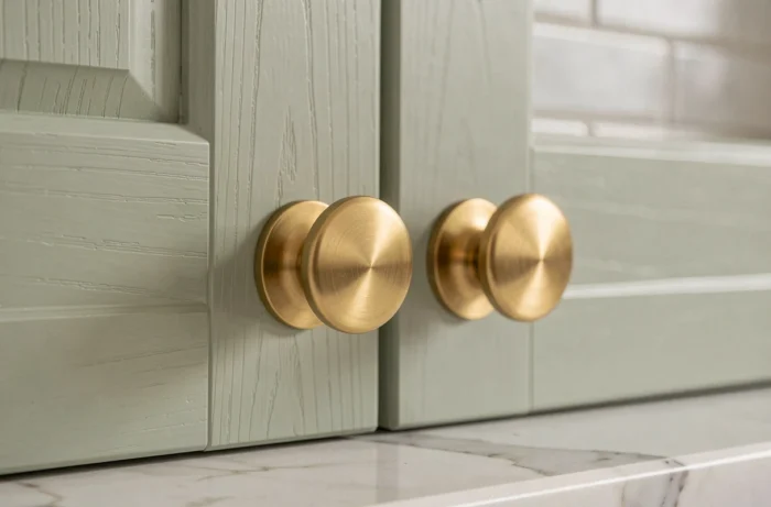 Boutons de cuisine en laiton brossé installés sur des portes de placard vert sauge dans une cuisine rénovée